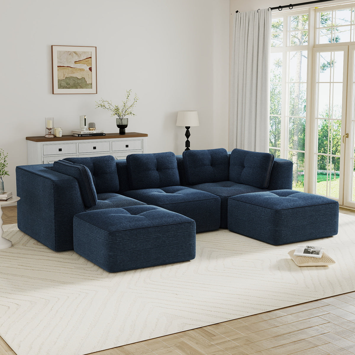 Modern Modular Sectional Sofa for Living Room, Corduroy Fabric,3-Seater Couch with Deep Seat and 2-Movable Ottoman,Pearl-like piping, Tufted Design, No Assembly, Anti-slip Design, Blue-W714S01803