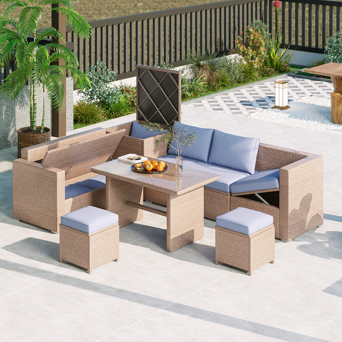 TOPMAX Outdoor 6-Piece All Weather PE Rattan Sofa Set, Garden Patio Wicker Sectional Furniture Set with Adjustable Seat, Storage Box, Removable Covers and Tempered Glass Top Table, Natural SP100005AAG-djyc