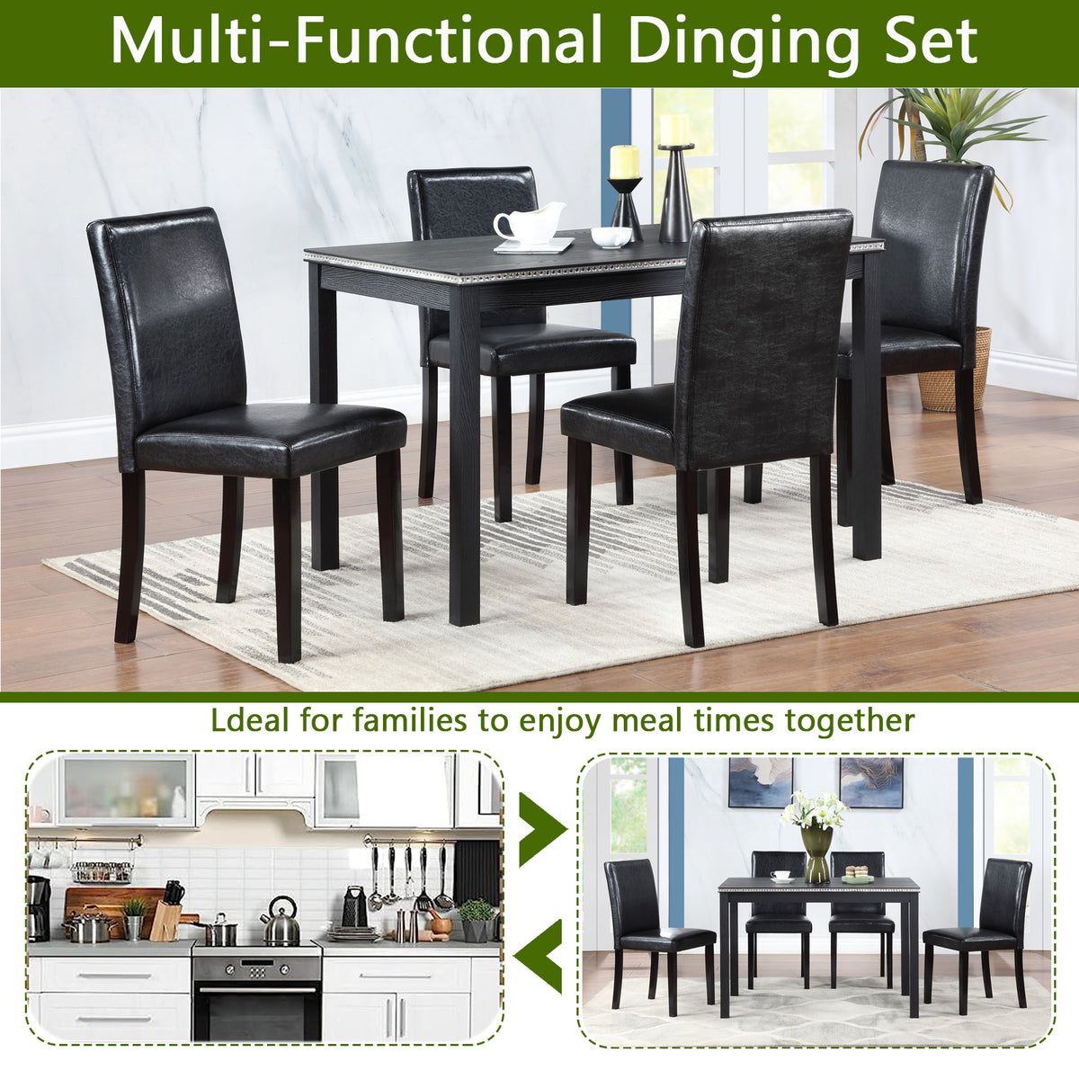 5 Piece Wooden Dining Table Set, Kitchen Table Set with a Rectangular Table and 4 Upholstered Chairs, Wooden Dining Room Table with Crystal Decoration and Chairs Set for Kitchen, Dining Room, Black W1998S00047-djyc