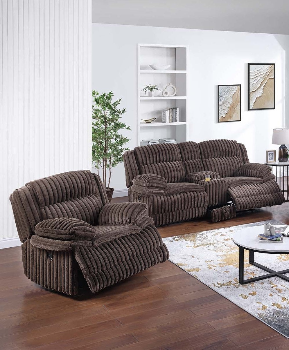 Modern Style 2pc Living Room Set 1x Loveseat and 1x Recliner Console Underneath Drawer Pillow Arms Corduroy Fabric Upholstered Chocolate Finish Primary Living Room Furniture-B011S02403