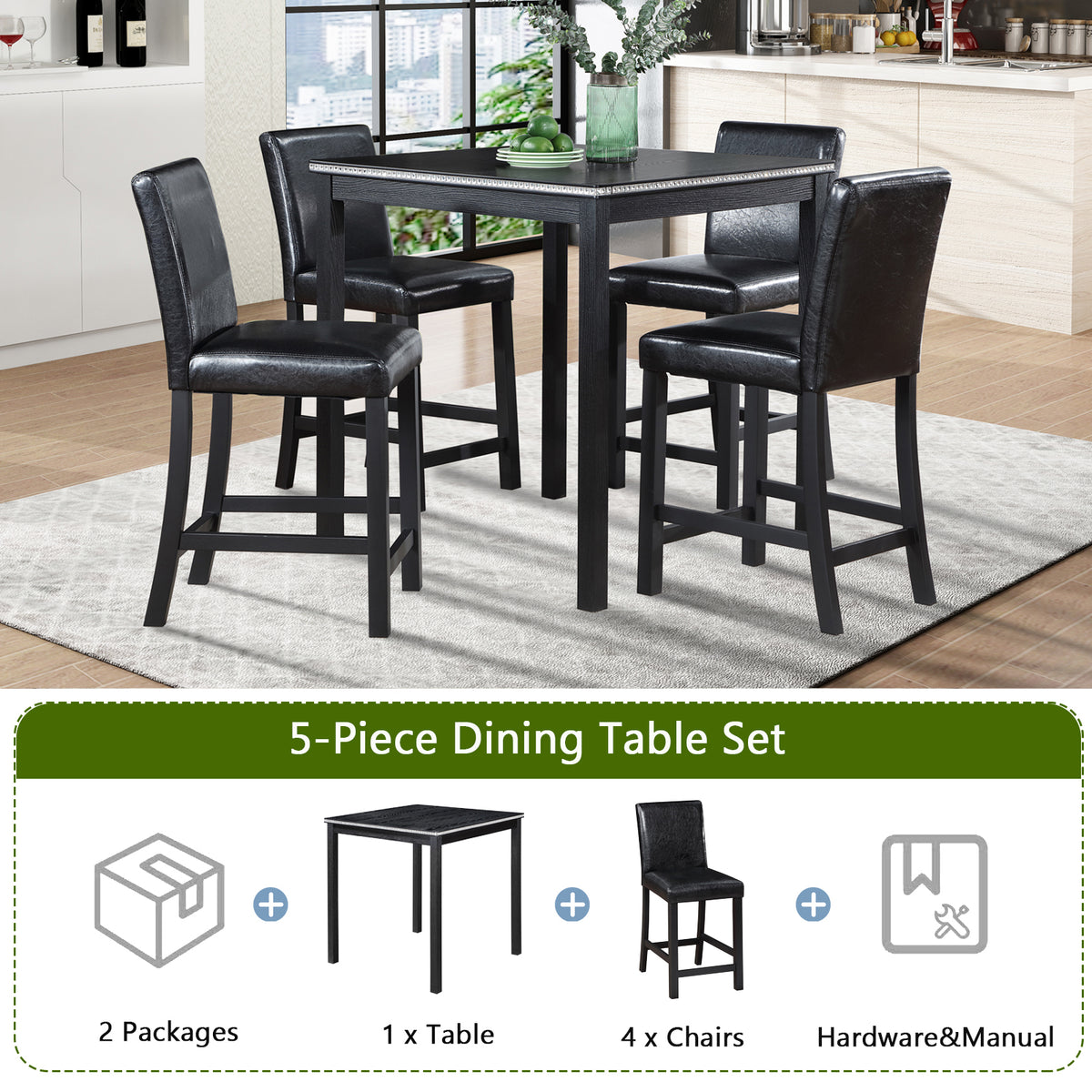 5 Piece Counter Height Table Set, Wooden Kitchen Table Set with Square Table and 4 Upholstered Chairs, Counter Height Dining Table with Crystal Decoration and Chair Set for Kitchen, Dining Room,Black W1998S00038-djyc