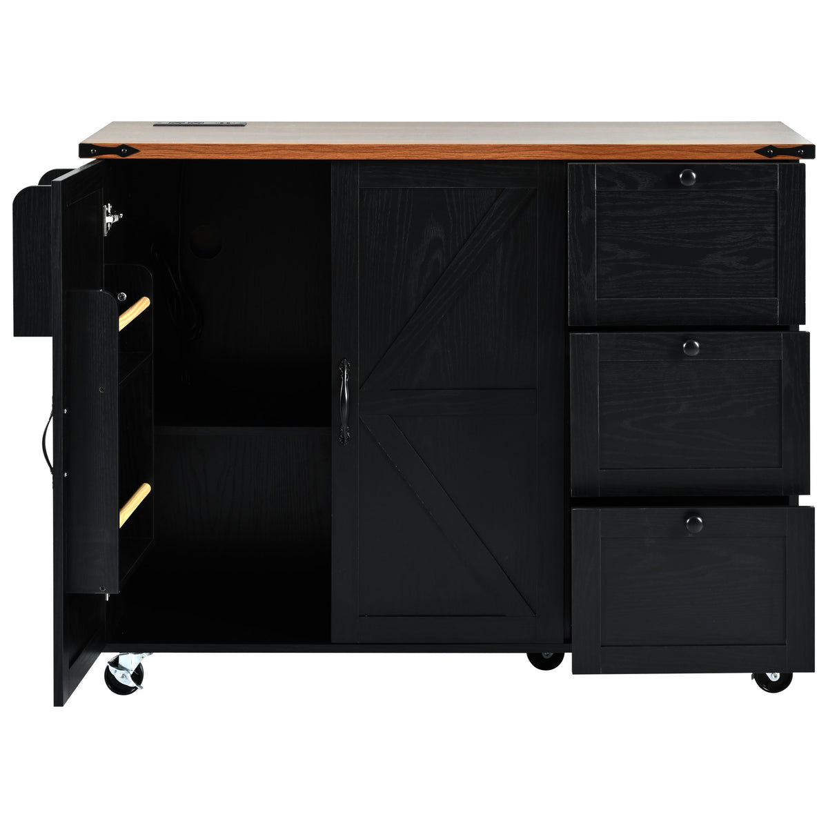 K&K 54.5" Farmhouse Kitchen Island with Power Outlet, Kitchen Storage Islandwith Internal Storage Rack, Drop Leaf, Spice Rack, Rolling Kitchen Cart on Wheels, for Home, Kitchen and Dining Room,Black N707P170349B-djyc