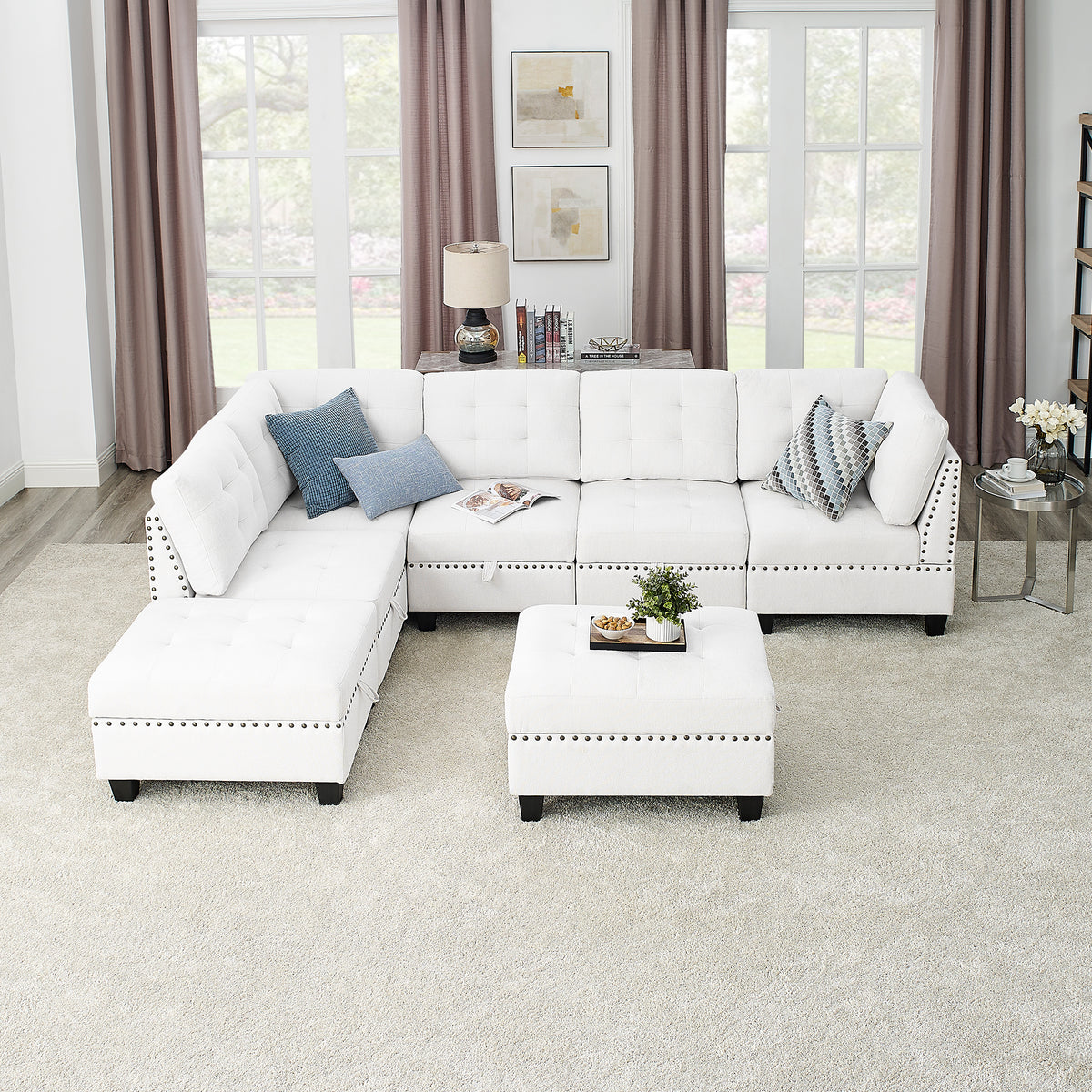 L shape Modular Sectional Sofa,DIY Combination,includes Three Single Chair ,Two Corner and Two Ottoman,Ivory Chenille W487S00196-djyc