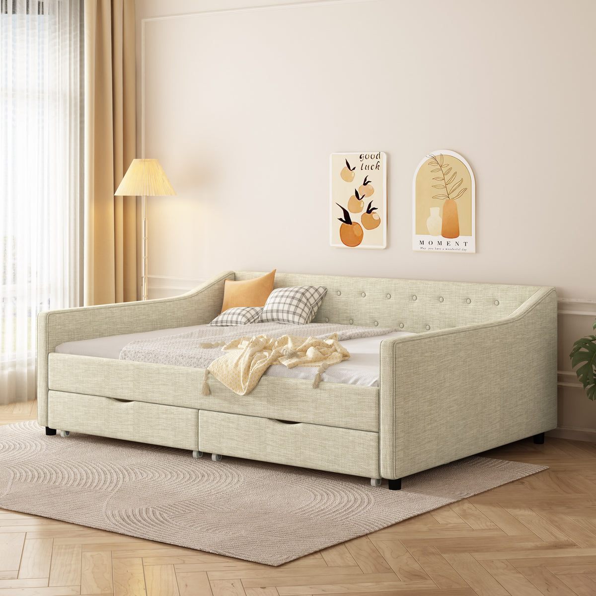 Full Size Daybed with Drawers Upholstered Tufted Sofa Bed, with Button on Back and Piping on Waved Shape Arms-Beige W2336S00007-djyc