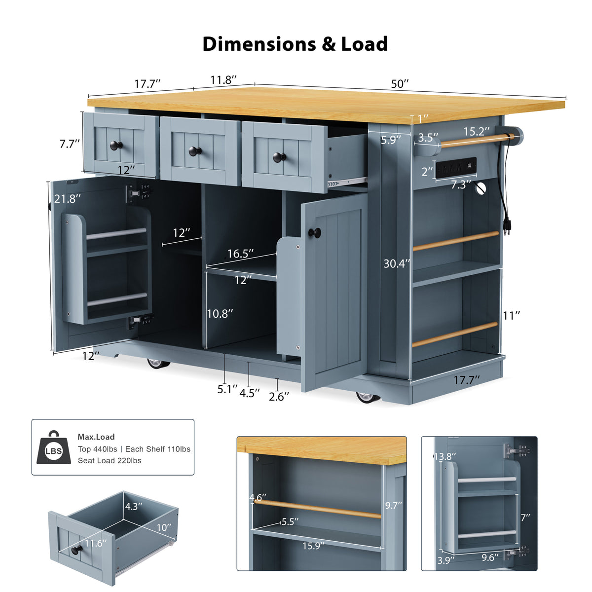 K&K 53inch Large Kitchen Island with Drop Leaf,Power Outlet,Door Internal Storage Rack,Rolling Kitchen Cart on 5 Wheels with 5 Open Side Racks for Kitchen,Dining Room,Grey Blue(Not include bar stools) N707P185531G-djyc