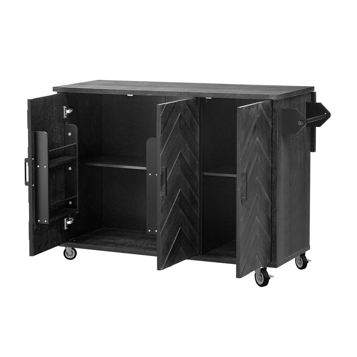 K&K 51.2"W 3D Wave Stripes Ash Veneer (Not Cheap Paper) Kitchen Island with Drop Leaf, Farmhouse Kitchen Island on Wheels with Internal Storage Rack, Rolling Kitchen Cart(Black) N707P207915B-djyc