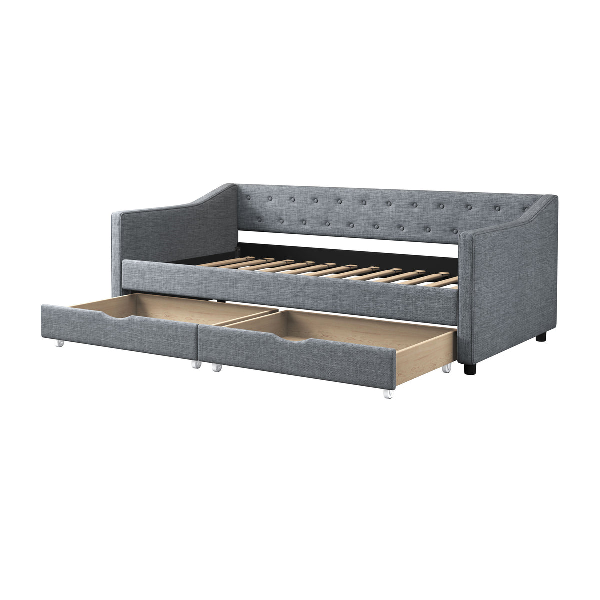 Twin Size Daybed with Drawers Upholstered Tufted Sofa Bed, with Button on Back and Piping on Waved Shape Arms-Light Grey W2336S00005-djyc