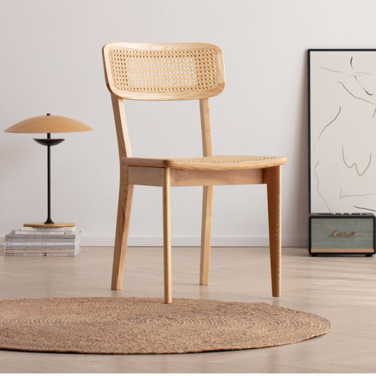 Elegant Brown Ash Wood Chair with Stylish Rattan Accents fcf-1472