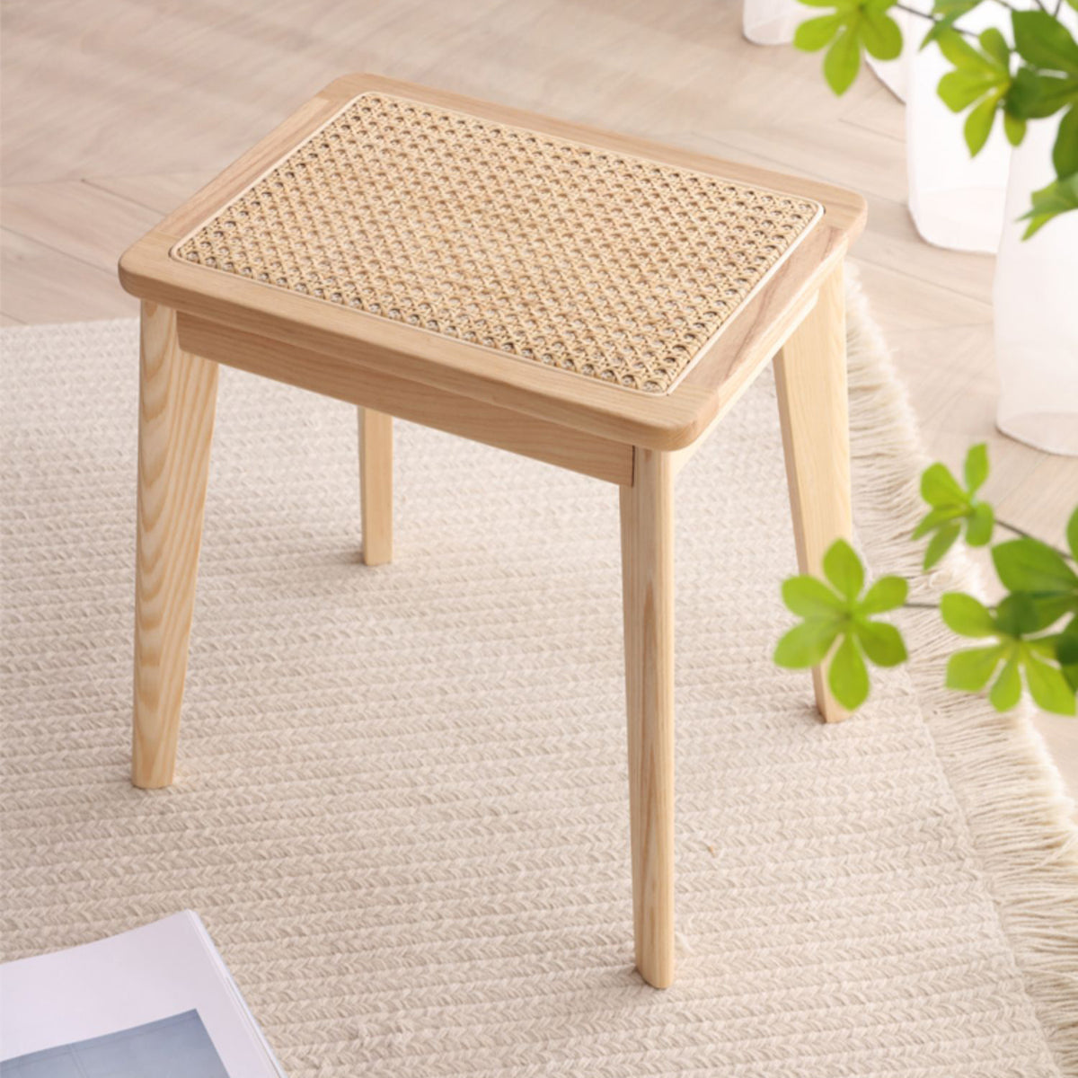 Crafted Ash Wood & Rattan Stool - Premium Natural Finish fcf-1475