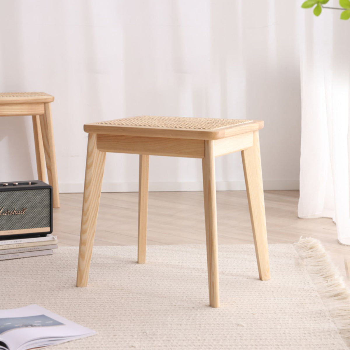 Crafted Ash Wood & Rattan Stool - Premium Natural Finish fcf-1475