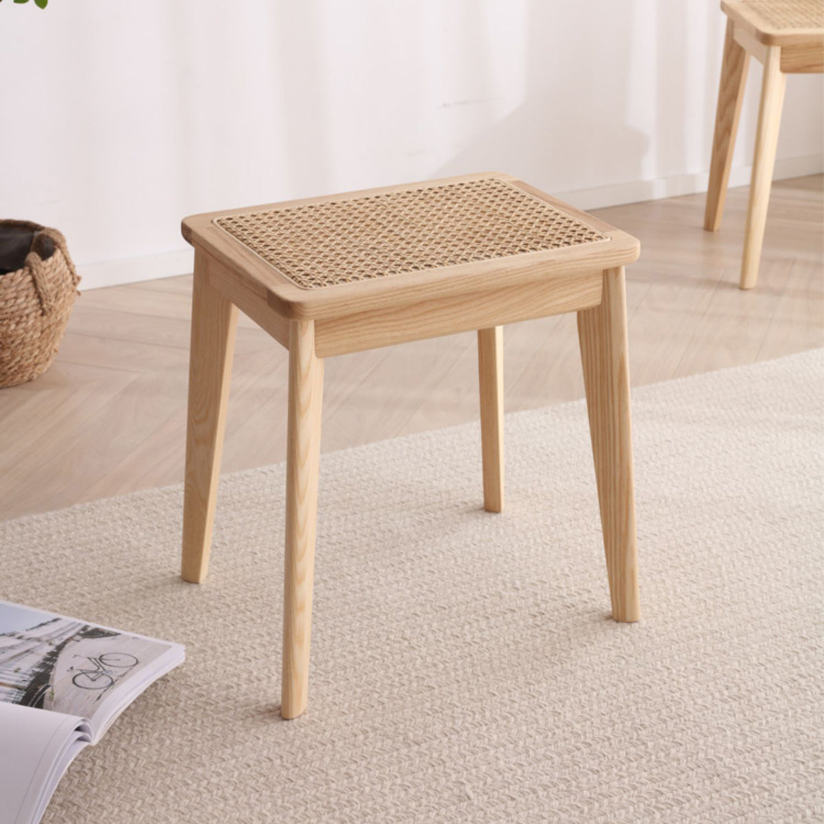 Crafted Ash Wood & Rattan Stool - Premium Natural Finish fcf-1475