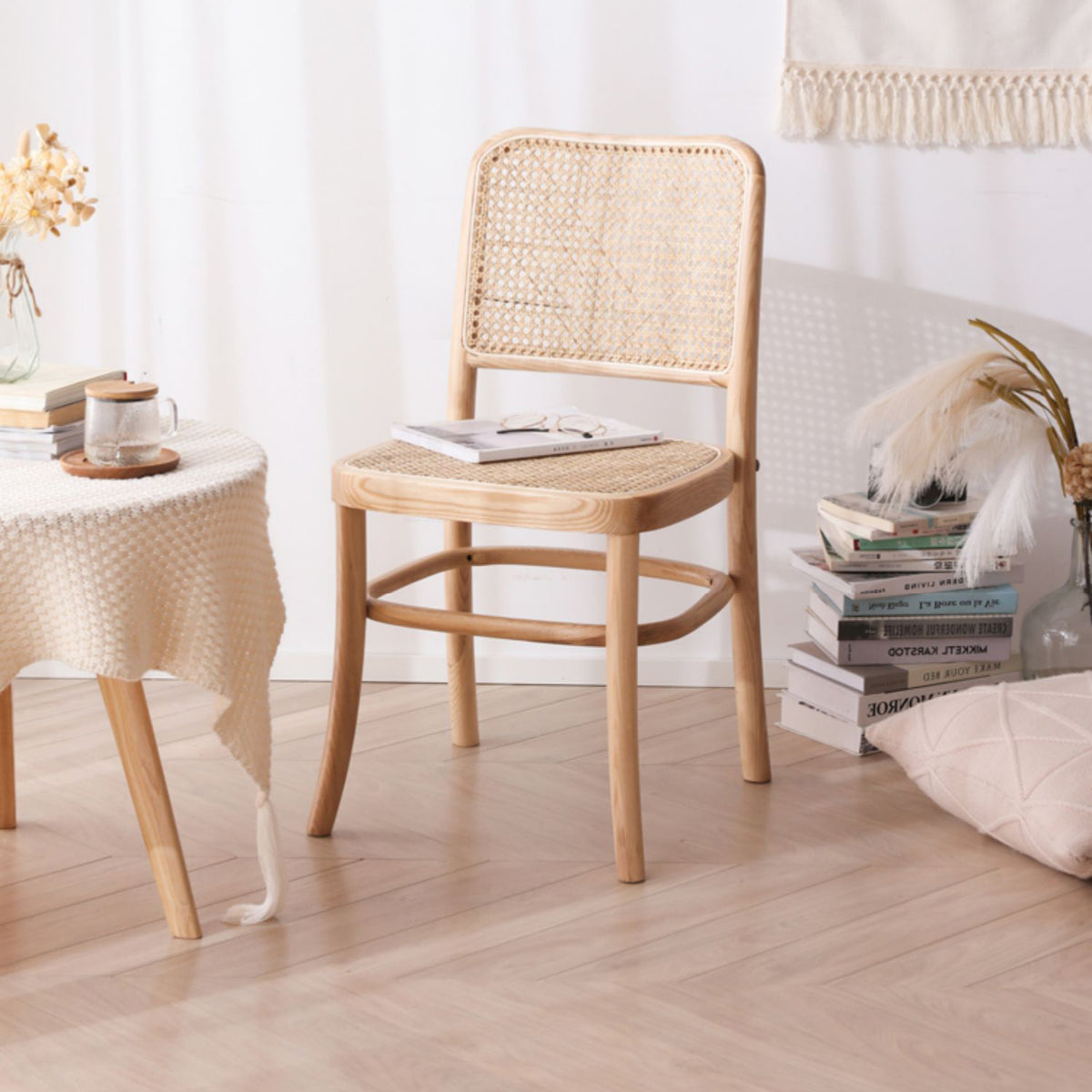 Elegant Natural Ash Wood Chair with Stylish Rattan Detailing fcf-1476
