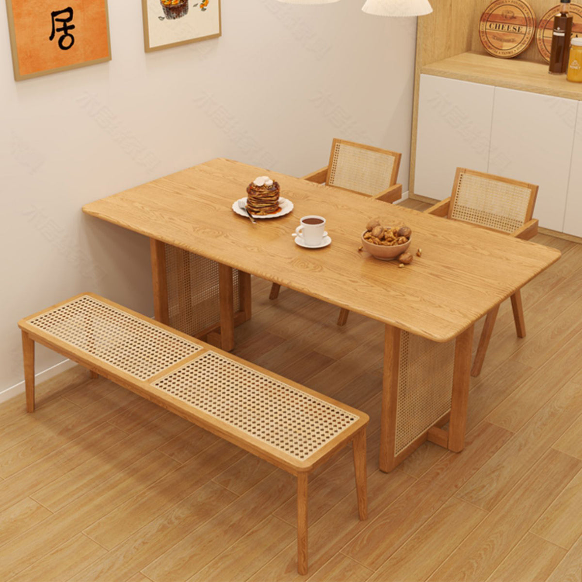 Elegant Brown Ash Wood Table with Rattan Details for Modern Living Spaces fcf-1494