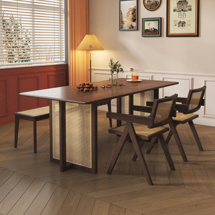 Elegant Brown Ash Wood Table with Rattan Details for Modern Living Spaces fcf-1494