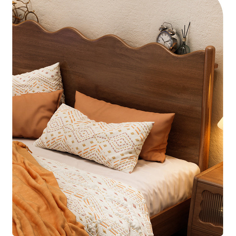 Elegant Bed Frame - Brown Rubber Wood, Pine Wood, Real Solid Wood & Glass Design fcf-282