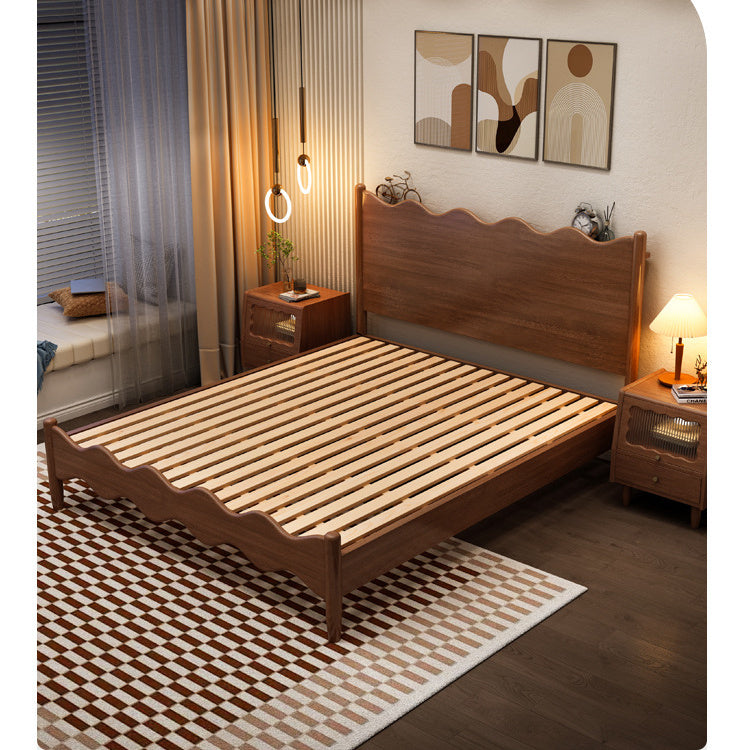 Elegant Bed Frame - Brown Rubber Wood, Pine Wood, Real Solid Wood & Glass Design fcf-282