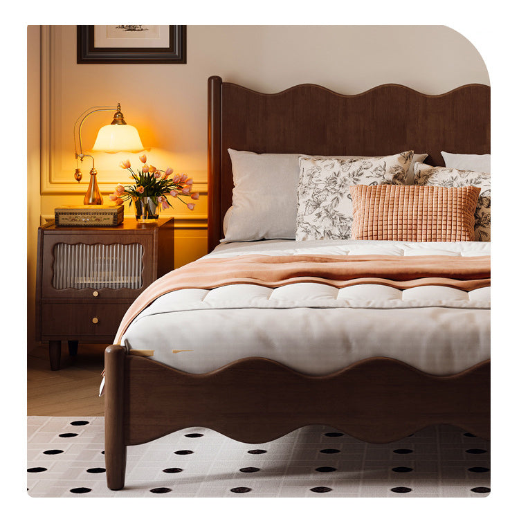 Elegant Bed Frame - Brown Rubber Wood, Pine Wood, Real Solid Wood & Glass Design fcf-282