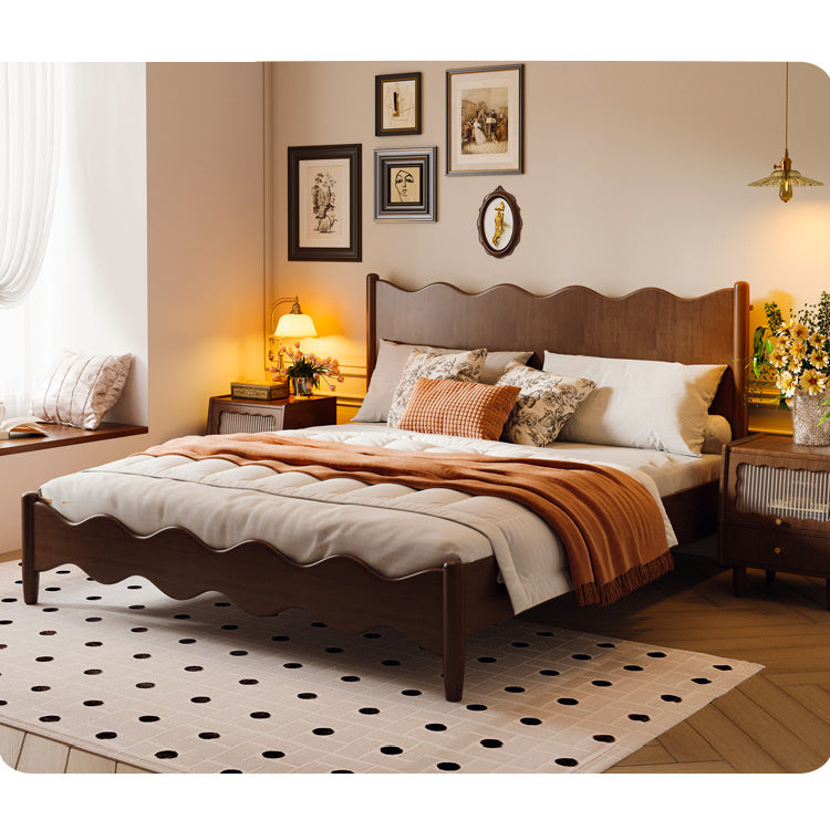 Elegant Bed Frame - Brown Rubber Wood, Pine Wood, Real Solid Wood & Glass Design fcf-282