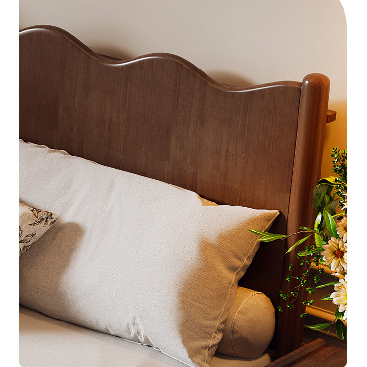 Elegant Bed Frame - Brown Rubber Wood, Pine Wood, Real Solid Wood & Glass Design fcf-282