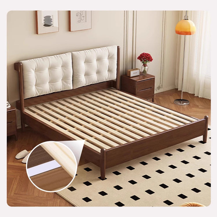 Modern Bed with Black Rubber Wood Frame and Beige Leathaire Upholstery fcf-283