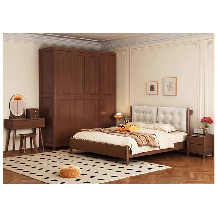 Modern Bed with Black Rubber Wood Frame and Beige Leathaire Upholstery fcf-283