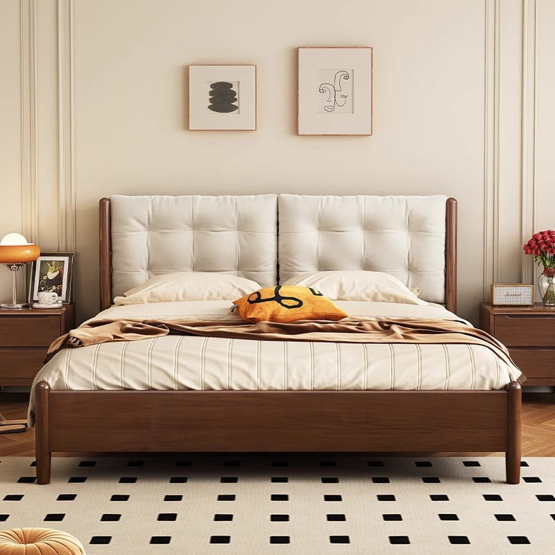 Modern Bed with Black Rubber Wood Frame and Beige Leathaire Upholstery fcf-283