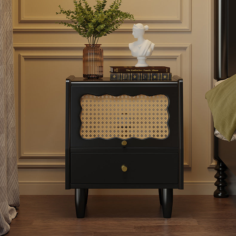 Stylish Bedside Cupboard with Black, White, and Natural Light Brown Finishes - Featuring Glass and Rattan Design fcf-284