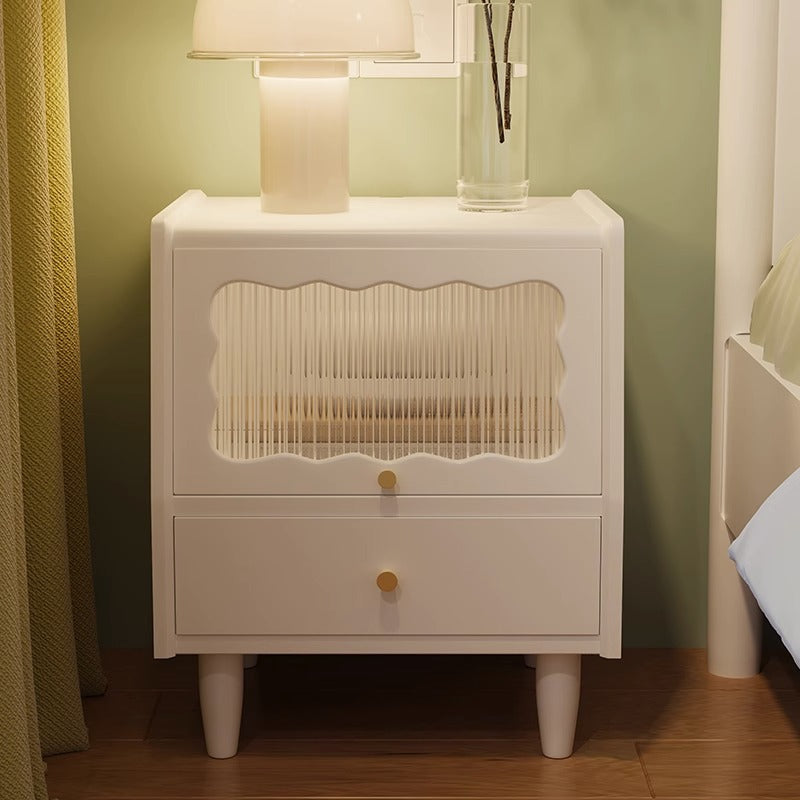 Stylish Bedside Cupboard with Black, White, and Natural Light Brown Finishes - Featuring Glass and Rattan Design fcf-284