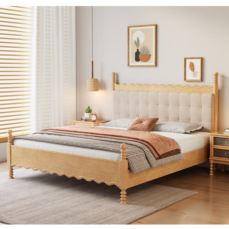 Elegant Solid Wood Bed in Natural Light Beige and Brown Finish fcf-290