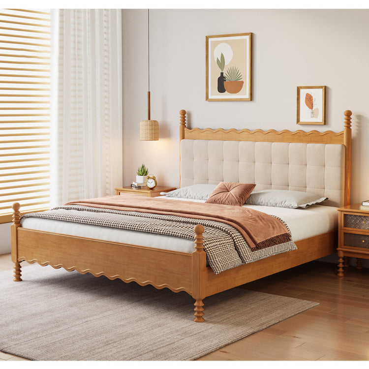 Elegant Solid Wood Bed in Natural Light Beige and Brown Finish fcf-290