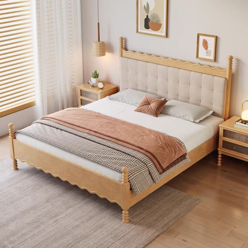 Elegant Solid Wood Bed in Natural Light Beige and Brown Finish fcf-290