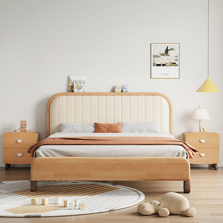 Elegant Beige Natural Rubber and Pine Wood Bed with Zelkova Accents and Faux Leather Upholstery fcf-293