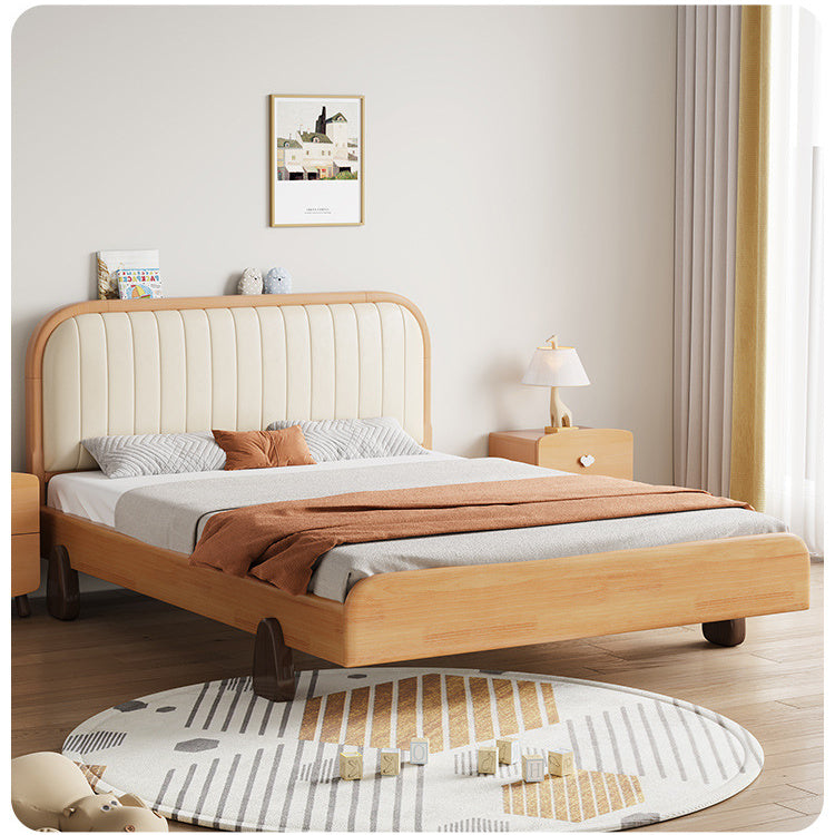 Elegant Beige Natural Rubber and Pine Wood Bed with Zelkova Accents and Faux Leather Upholstery fcf-293