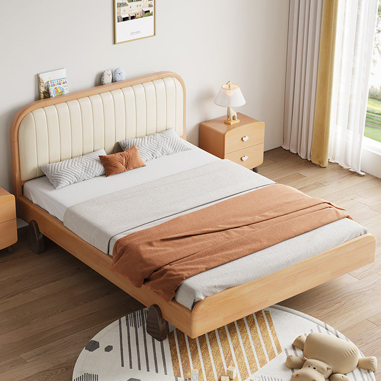 Elegant Beige Natural Rubber and Pine Wood Bed with Zelkova Accents and Faux Leather Upholstery fcf-293