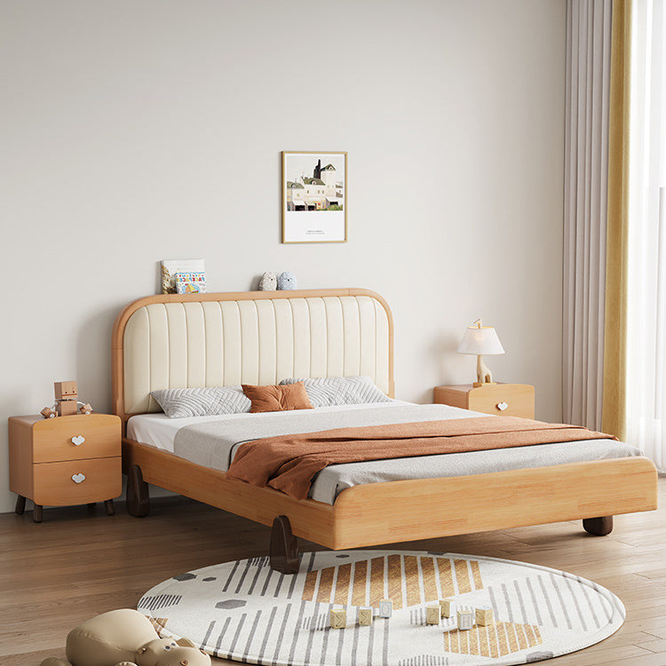 Elegant Beige Natural Rubber and Pine Wood Bed with Zelkova Accents and Faux Leather Upholstery fcf-293