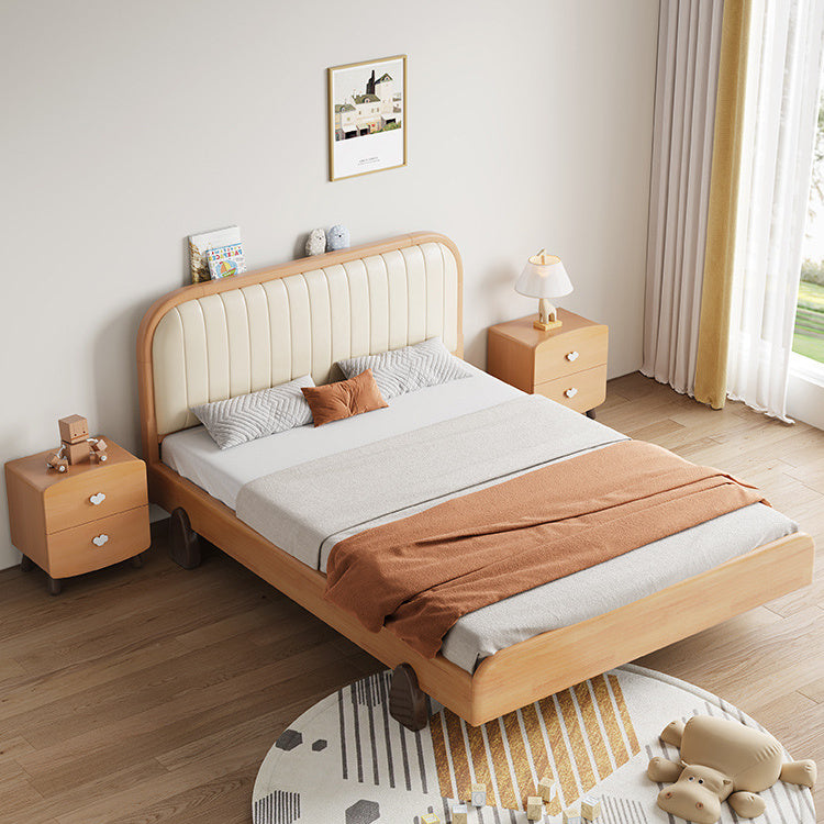 Elegant Beige Natural Rubber and Pine Wood Bed with Zelkova Accents and Faux Leather Upholstery fcf-293