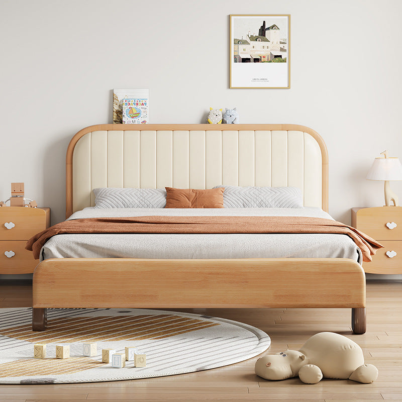 Elegant Beige Natural Rubber and Pine Wood Bed with Zelkova Accents and Faux Leather Upholstery fcf-293