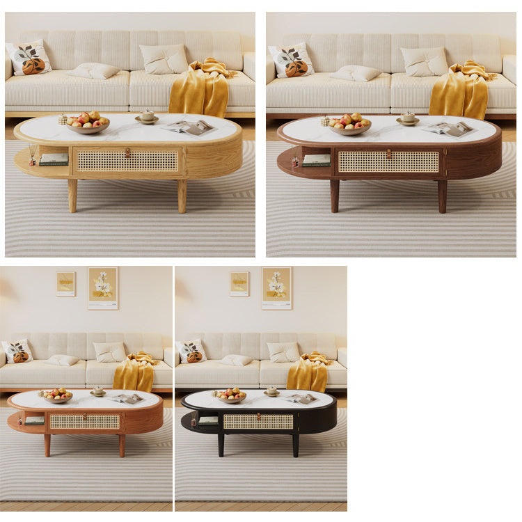 Modern White and Natural Brown Tea Table with Light Black Sintered Stone, Ash Wood, and Rattan Detailing fcf-297