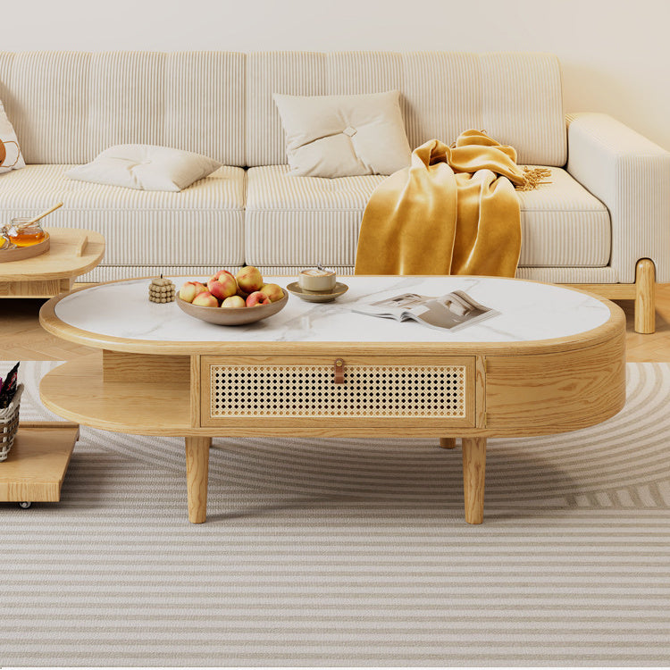 Modern White and Natural Brown Tea Table with Light Black Sintered Stone, Ash Wood, and Rattan Detailing fcf-297