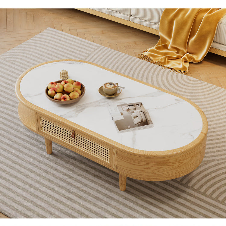 Modern White and Natural Brown Tea Table with Light Black Sintered Stone, Ash Wood, and Rattan Detailing fcf-297