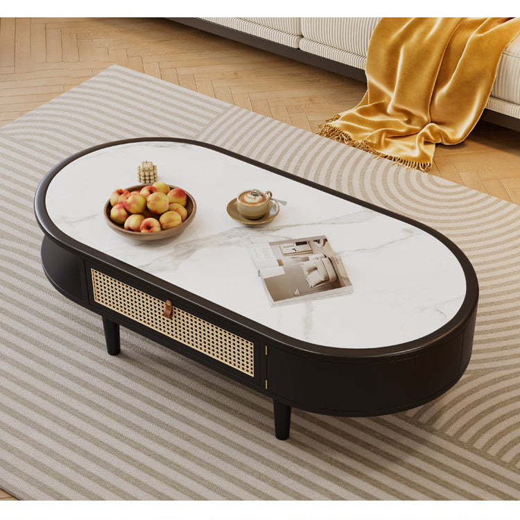 Modern White and Natural Brown Tea Table with Light Black Sintered Stone, Ash Wood, and Rattan Detailing fcf-297