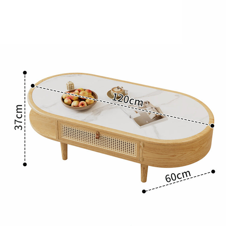 Modern White and Natural Brown Tea Table with Light Black Sintered Stone, Ash Wood, and Rattan Detailing fcf-297