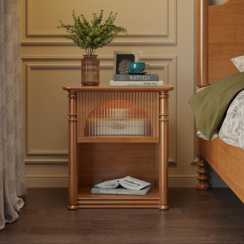 Stylish Bedside Cupboard - Natural Light Brown, White, Black | Premium Rubber & Pine Wood with Glass fcf-298