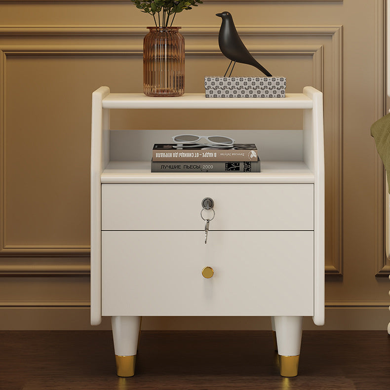 Elegant Bedside Cupboard in White & Light Brown with Durable Rubber Wood, Aluminum, and Stainless Steel Accents fcf-299