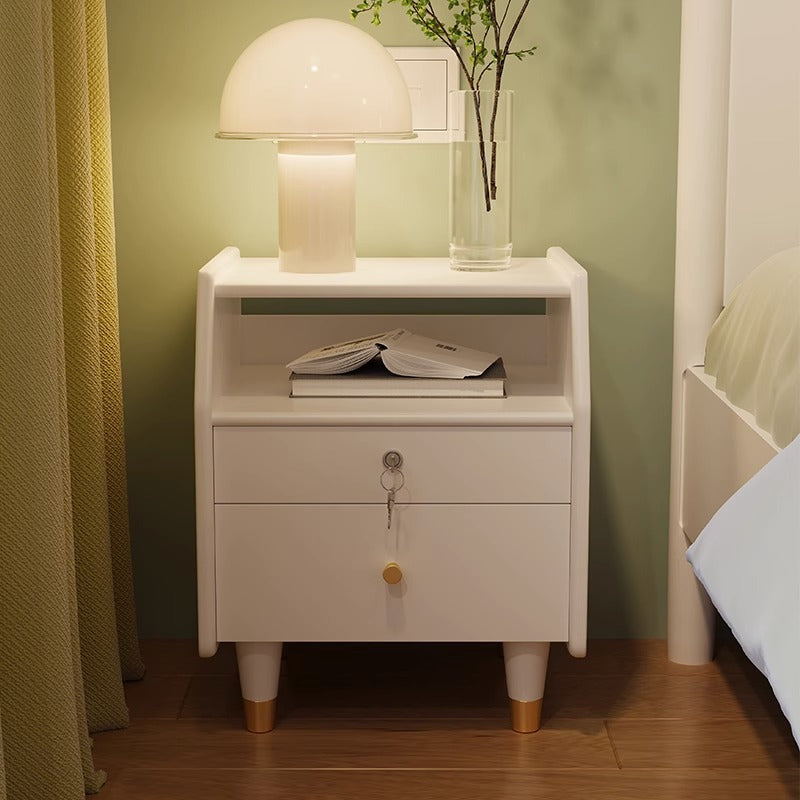 Elegant Bedside Cupboard in White & Light Brown with Durable Rubber Wood, Aluminum, and Stainless Steel Accents fcf-299