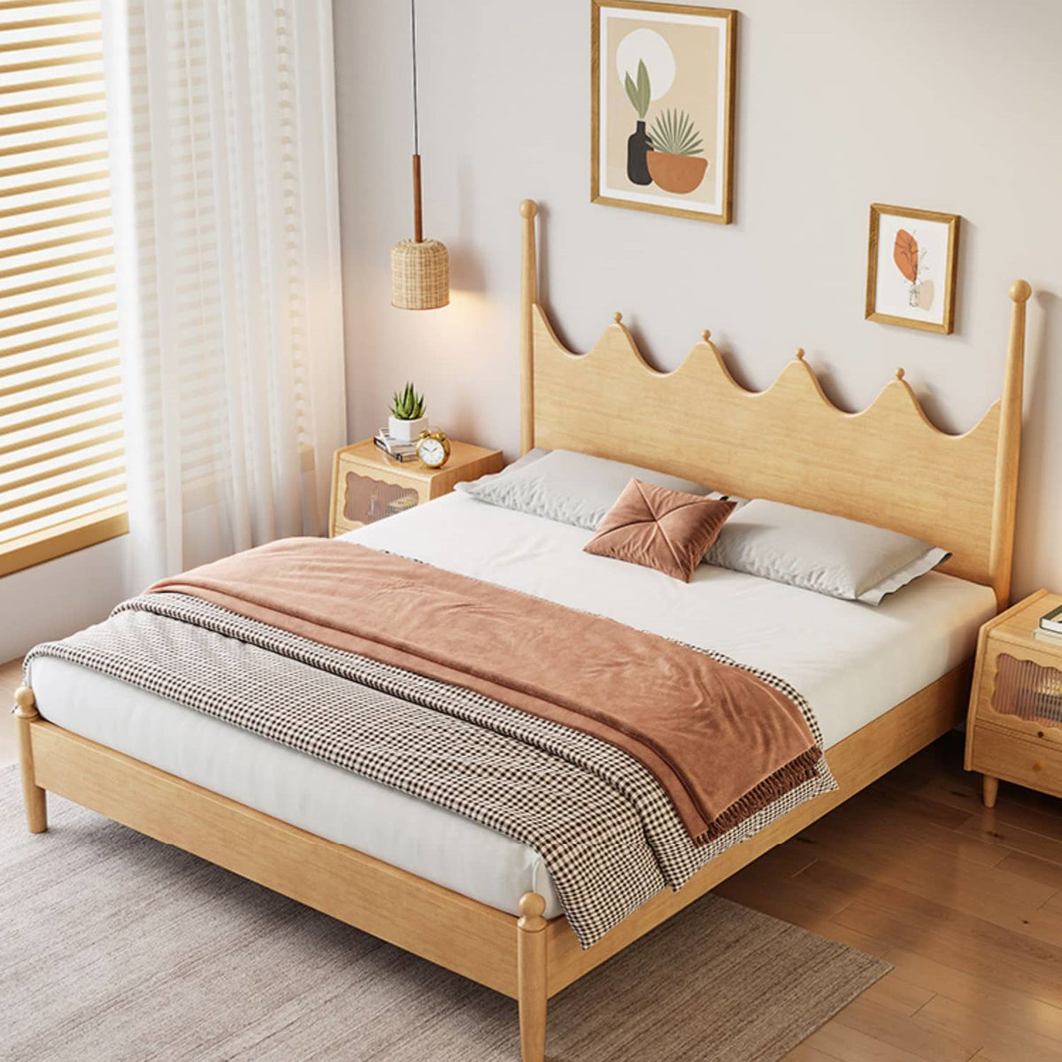 Stylish Natural Light Brown Rubber & Pine Solid Wood Bed Frame fcf-309