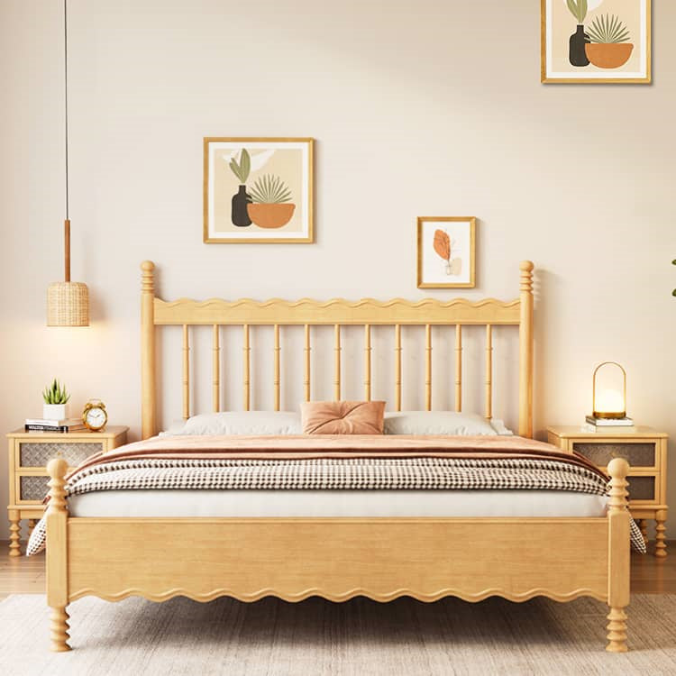 Elegant Natural Light Brown Solid Wood Bed - Premium Rubber Wood & Pine Construction fcf-310