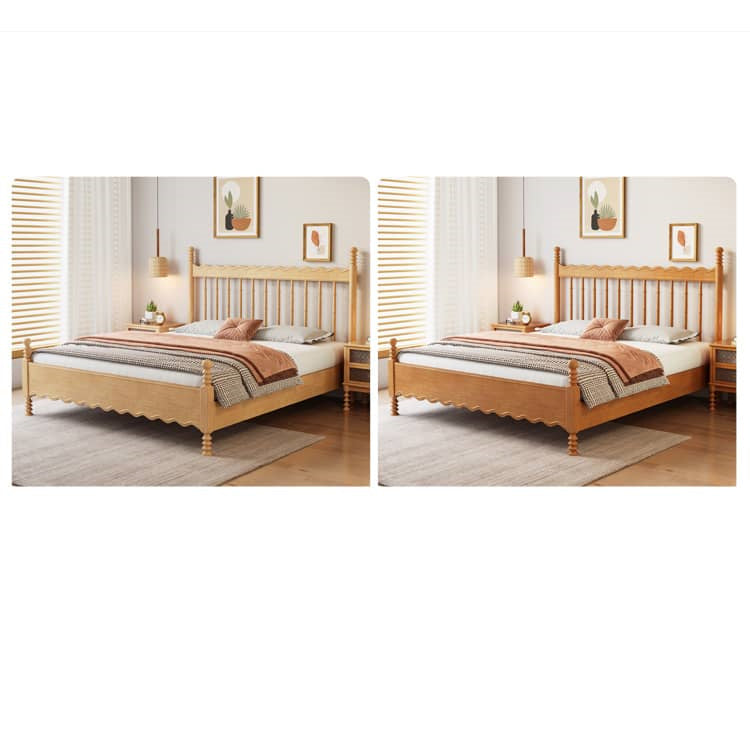 Elegant Natural Light Brown Solid Wood Bed - Premium Rubber Wood & Pine Construction fcf-310