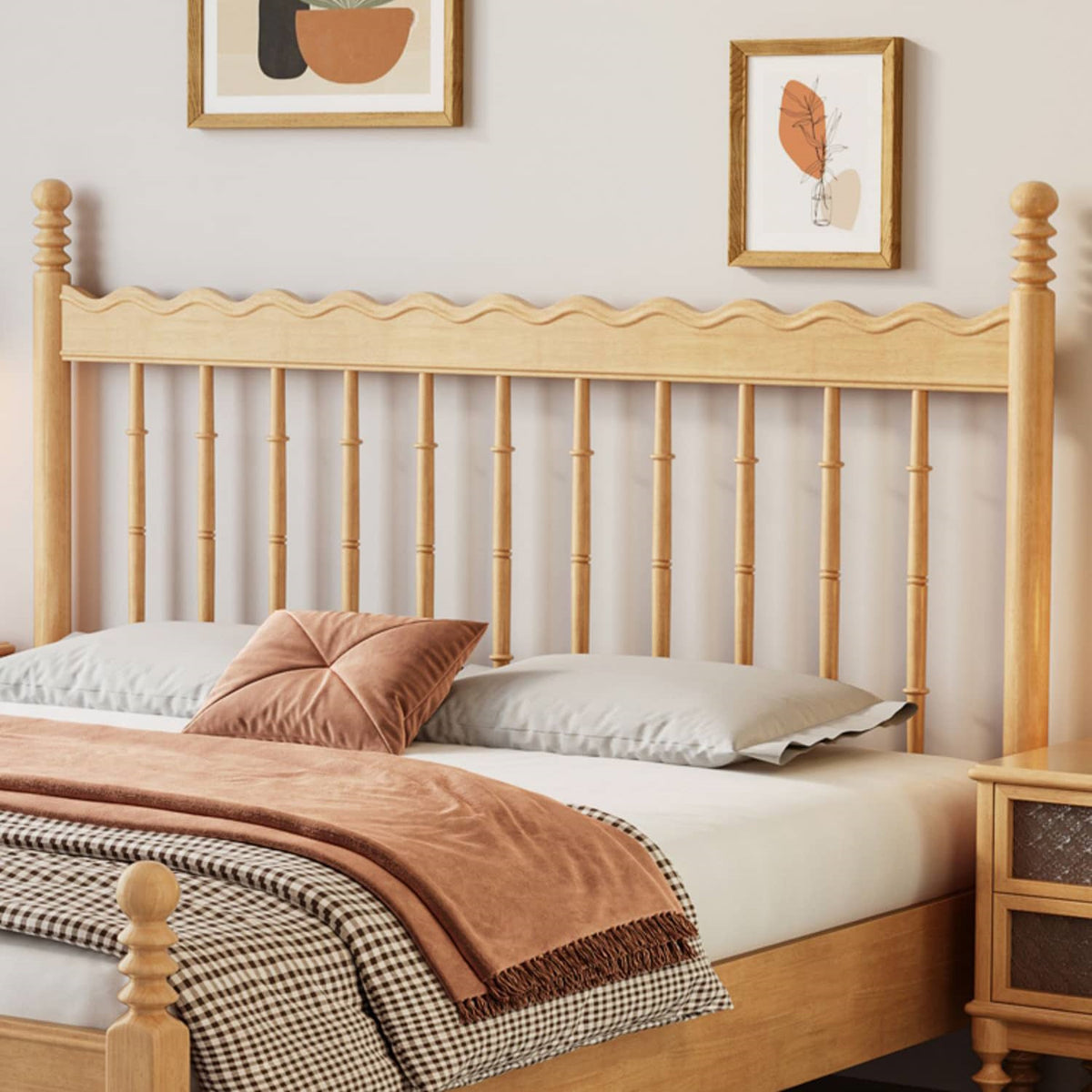 Elegant Natural Light Brown Solid Wood Bed - Premium Rubber Wood & Pine Construction fcf-310