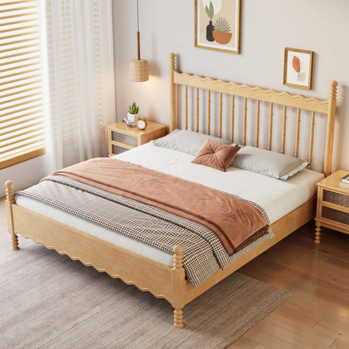 Elegant Natural Light Brown Solid Wood Bed - Premium Rubber Wood & Pine Construction fcf-310